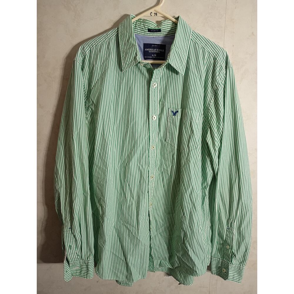 American Eagle Green White Stripe Button Up Shirt XL Athletic Fit 100% Cotton